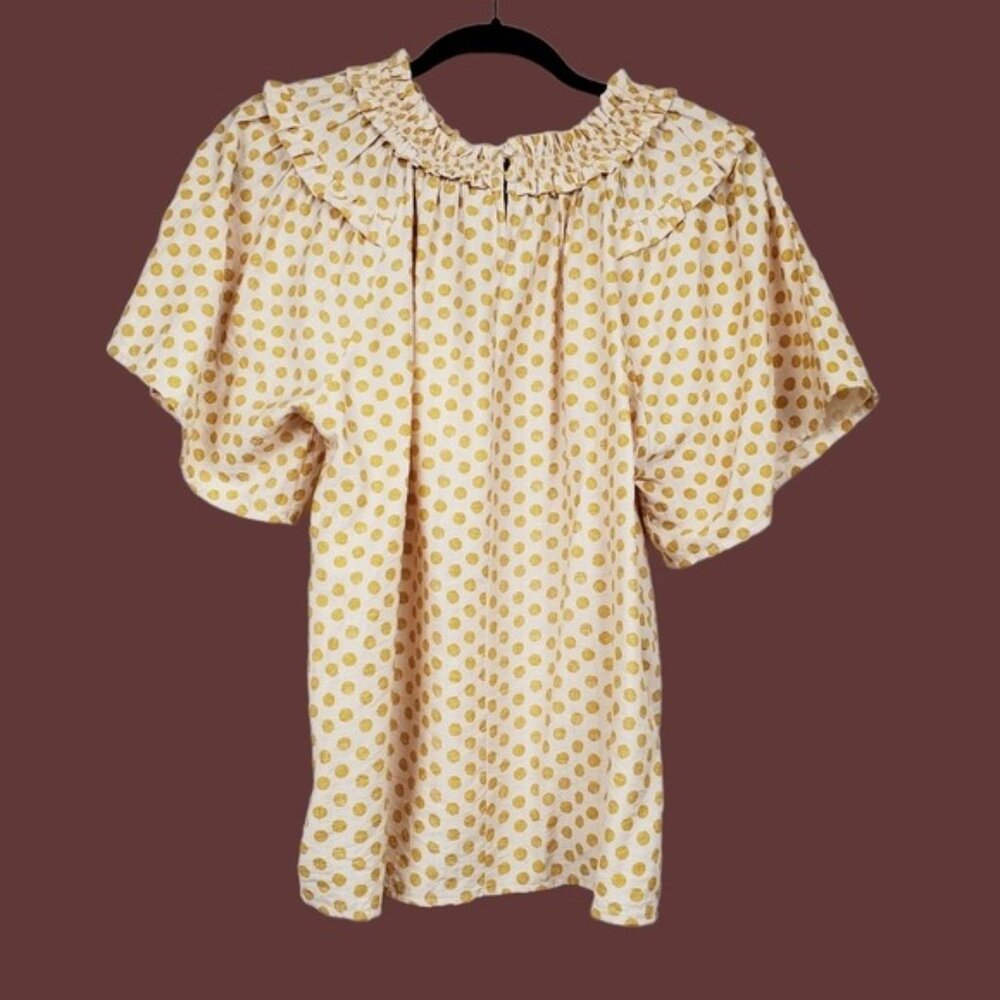 Voy Womens Wide Sleeve Mustard Yellow Polka Dot Ruffle Neck Top Size S NWT - Picture 4 of 5